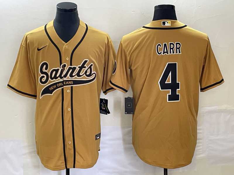 Men%27s New Orleans Saints #4 Derek Carr Gold With Patch Cool Base Stitched Baseball Jersey